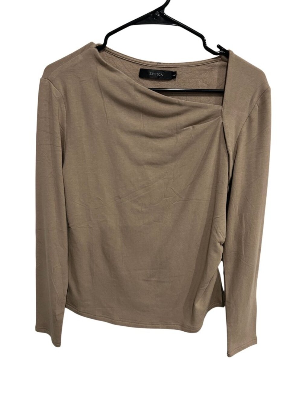 Zesica Taupe Long Sleeve Asymmetrical Neckline Knit Top Size Large Preppy Chic